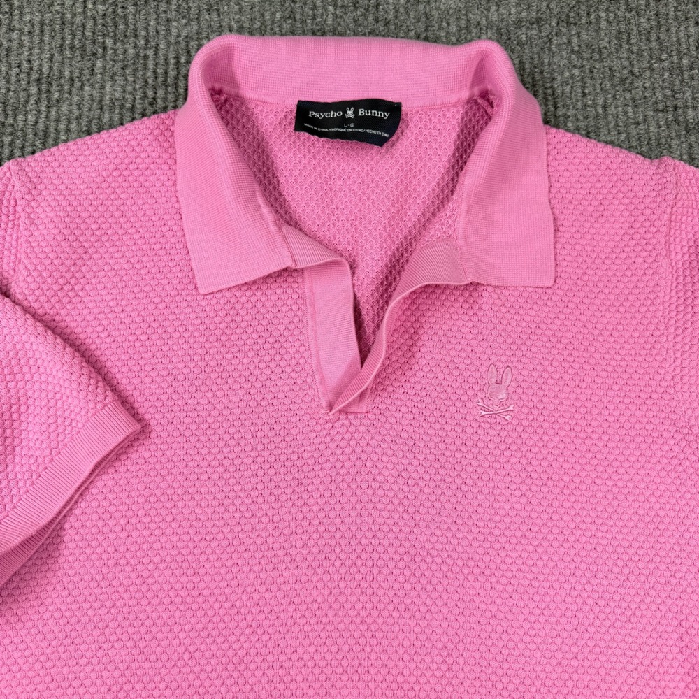 Psycho Bunny Polo Shirt Mens Large Pink Knit Waffle Textured Short Sleeve V-Neck